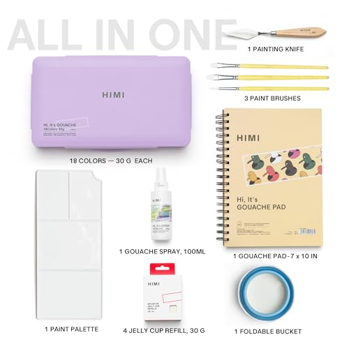 HIMI Deluxe 18 Colors Jelly Gouache Paint Gift Set – Complete Art Kit with Pad, Spray, Palette, Brushes, Painting Knife, Foldable Bucket & Refills for Beginners, Students & Artists (Purple) - Image 2