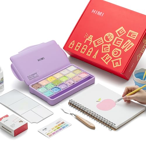 HIMI Deluxe 18 Colors Jelly Gouache Paint Gift Set – Complete Art Kit with Pad, Spray, Palette, Brushes, Painting Knife, Foldable Bucket & Refills for Beginners, Students & Artists (Purple) - Image 1