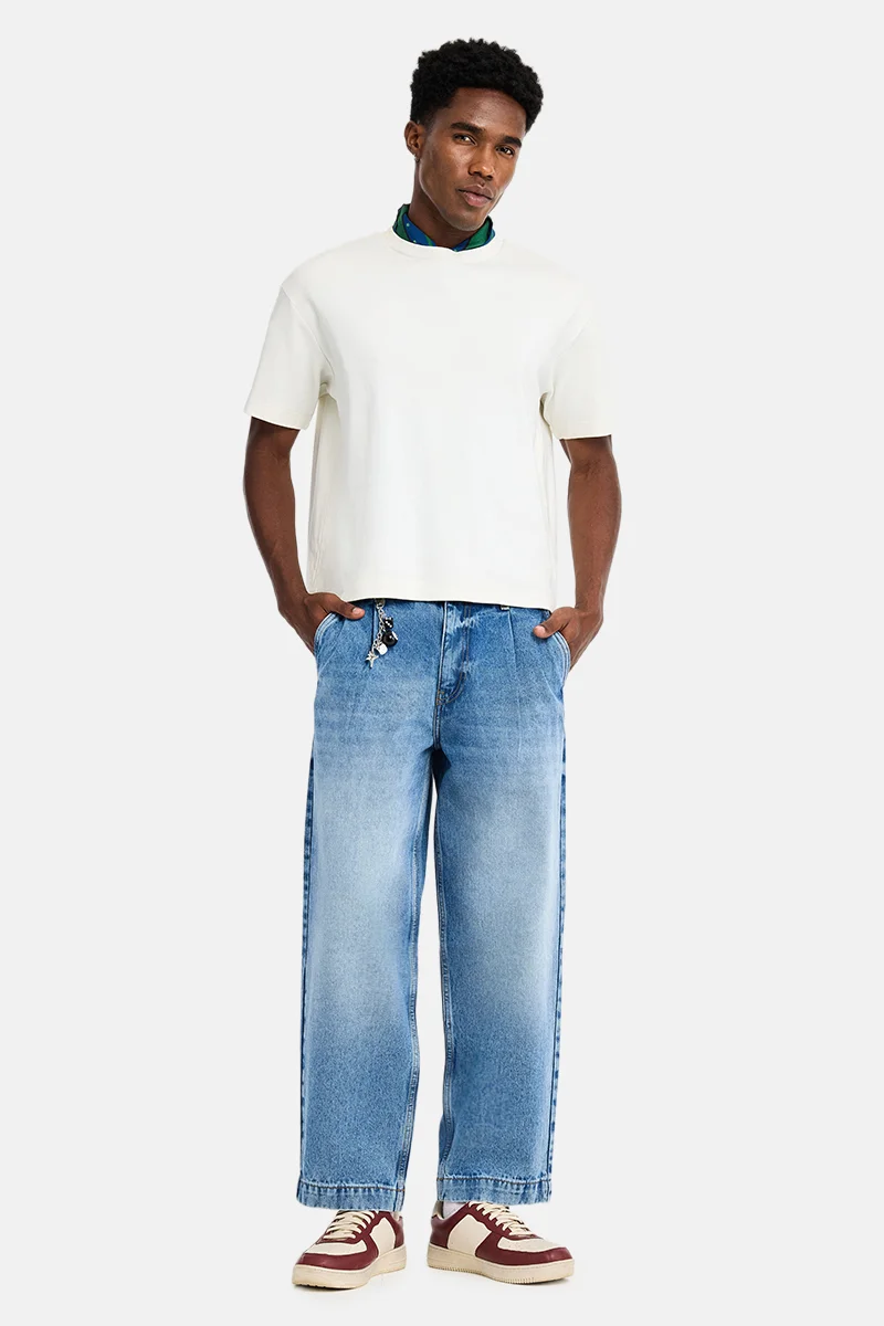 SNITCH Light Blue Solid Loose Fit Streetwear Jeans