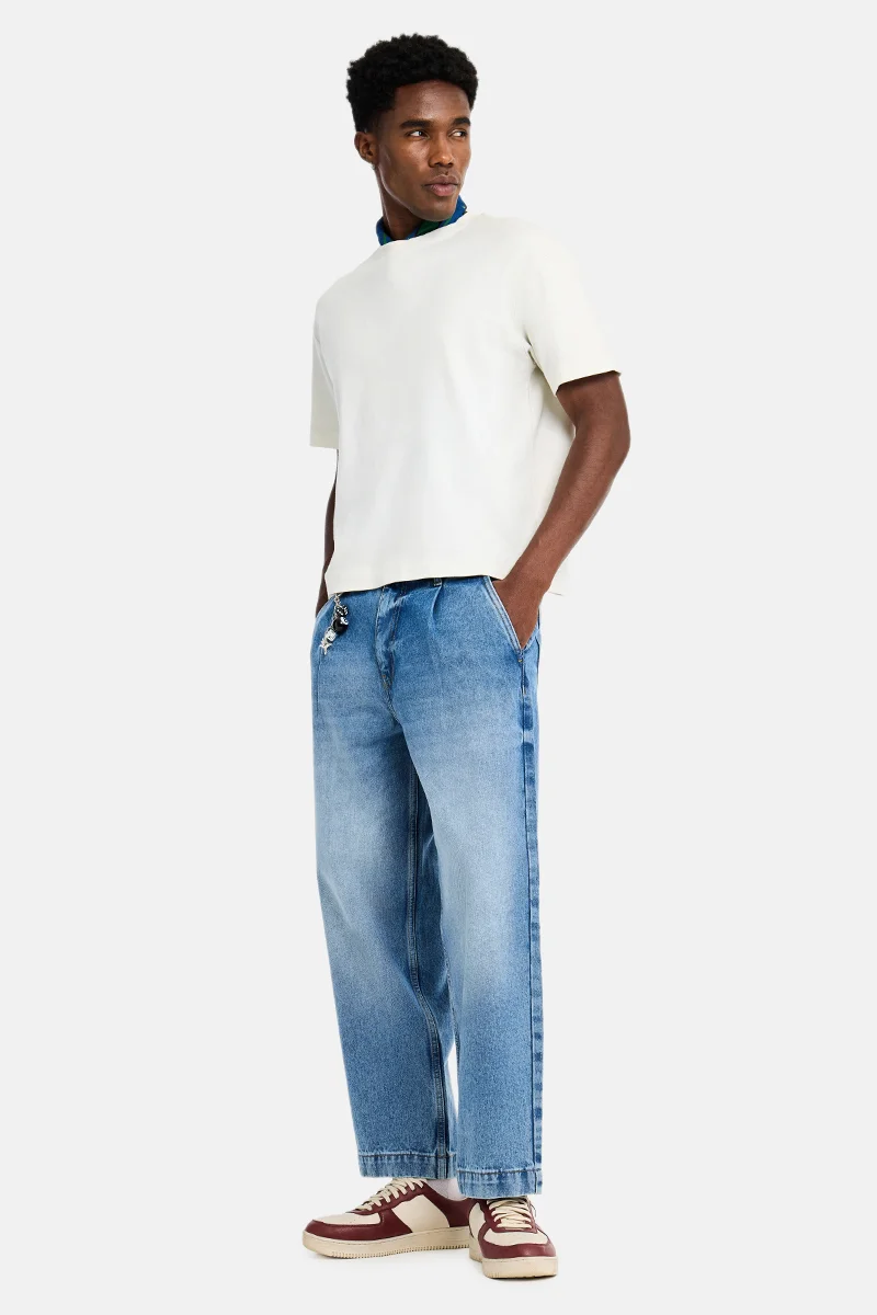 SNITCH Light Blue Light Blue Solid Loose Fit Streetwear Jeans for Men | Best Price UAE