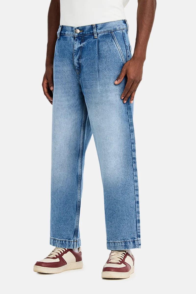 SNITCH Light Blue Light Blue Solid Loose Fit Streetwear Jeans for Men | Best Price UAE