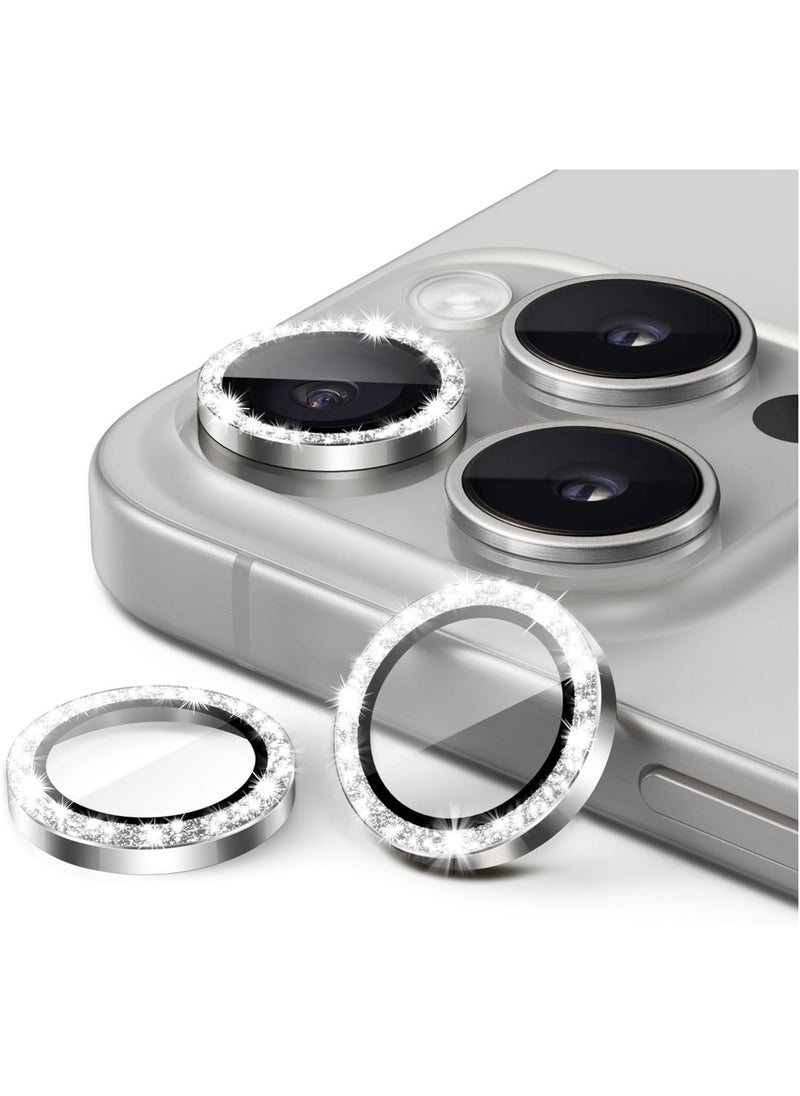 Raxoom Camera Lens Protector for iPhone 15 Pro 6.1-Inch and iPhone 15 Pro Max 6.7-Inch, Bling Glitter Individual 9H Tempered Glass Metal Ring Cover, HD Clear, 3-Pack (White Titanium) - Image 1