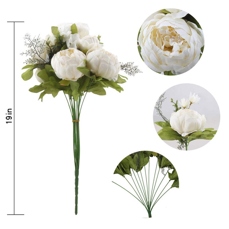 Flojery Silk Peony Bouquet Vintage Artificial Peonies Flower for Home Wedding Party Decor (1pcs, White) - Image 4