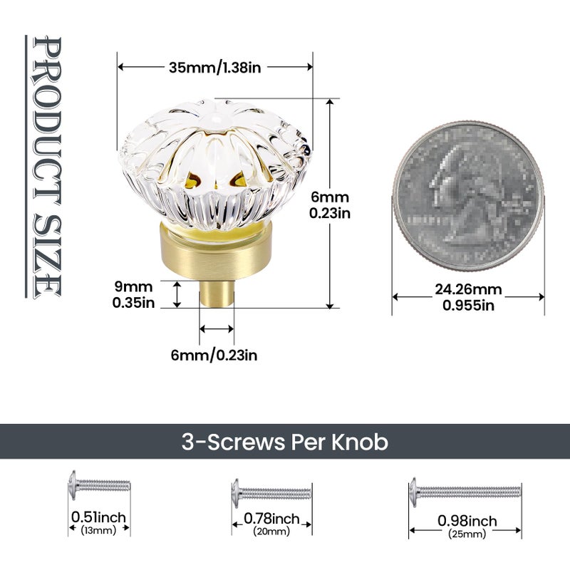 CEYMIO 1.4 Inch Brushed Gold Crystal Cabinet Knobs Cabinets Knob, 4 Pack Flower Vintage Glass Clear Crystal Small Pull for Closet Dresser Drawers, Solid Alloy Retro Pulls Old Fashioned Drawer Handle - Image 2
