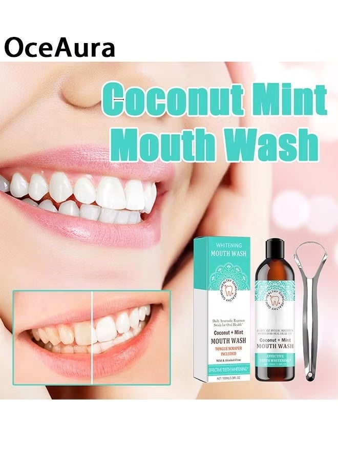 OceAura Whitening Mouth Wash,Coconut & Peppermint Oil with Tongue Scraper Inside the Box - Natural, Alcohol Free Mouthwash to Help With Fresh Breath, Teeth Whitening and Healthier Teeth & Gums 100ml - Image 1