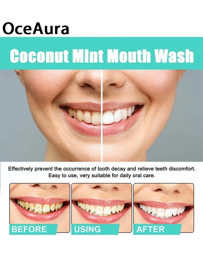OceAura Whitening Mouth Wash,Coconut & Peppermint Oil with Tongue Scraper Inside the Box - Natural, Alcohol Free Mouthwash to Help With Fresh Breath, Teeth Whitening and Healthier Teeth & Gums 100ml - Image 4