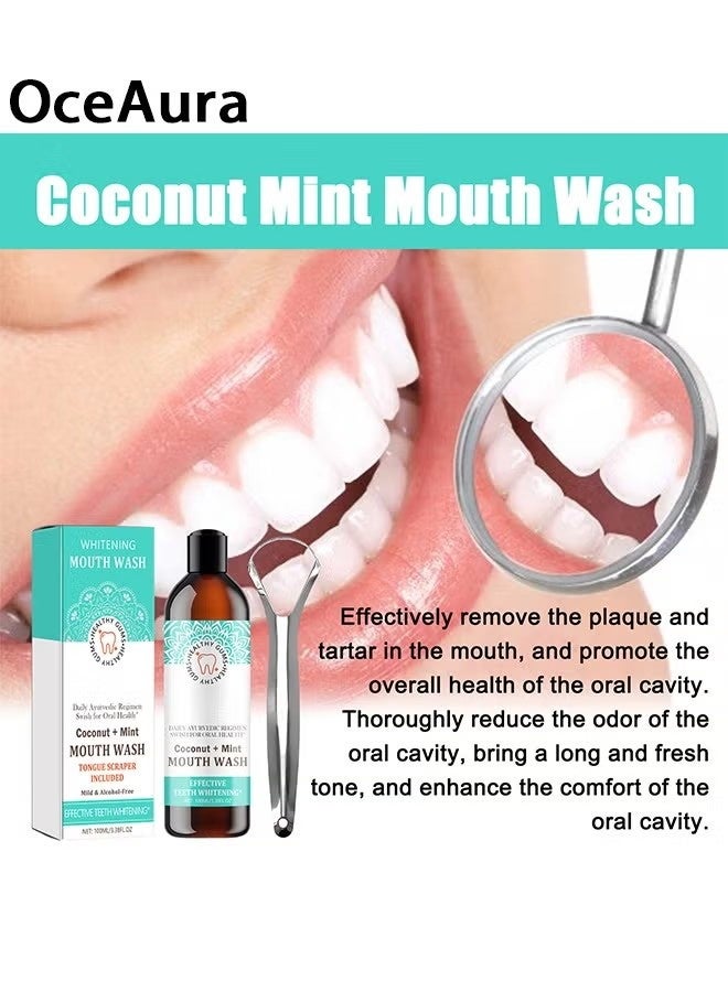 OceAura Whitening Mouth Wash,Coconut & Peppermint Oil with Tongue Scraper Inside the Box - Natural, Alcohol Free Mouthwash to Help With Fresh Breath, Teeth Whitening and Healthier Teeth & Gums 100ml - Image 5