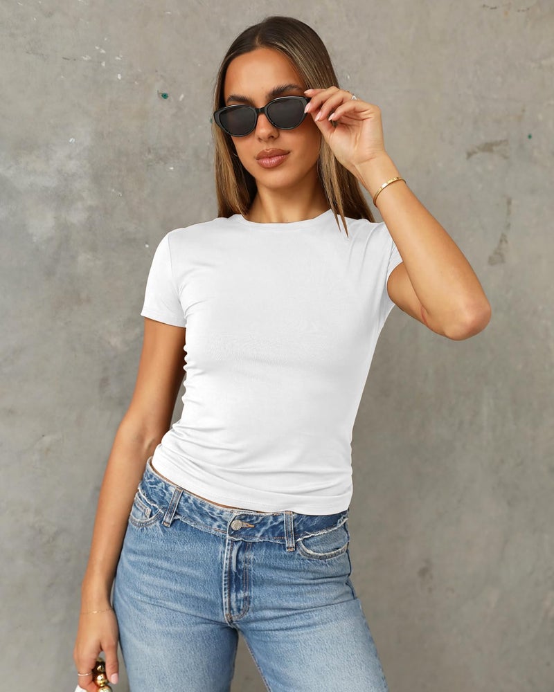 Abardsion Women's Casual Basic Going Out Crop Tops Slim Fit Short Sleeve Crew Neck Tight T Shirts 2026 (White, XL) - Image 3