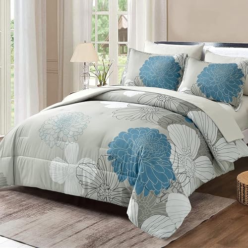 Yiran 7 Pieces Bed in a Bag Blue Floral Comforter Set Queen Size Flowers Comforter Set Soft Microfiber Bedding Set (1 Comforter 1 Flat Sheet 1 Fitted Sheet 2 Pillowshams 2 Pillowcases) - Image 1