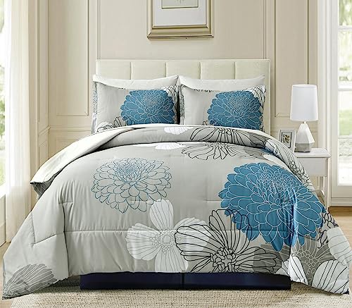 Yiran 7 Pieces Bed in a Bag Blue Floral Comforter Set Queen Size Flowers Comforter Set Soft Microfiber Bedding Set (1 Comforter 1 Flat Sheet 1 Fitted Sheet 2 Pillowshams 2 Pillowcases) - Image 2