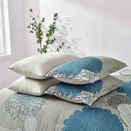 Yiran 7 Pieces Bed in a Bag Blue Floral Comforter Set Queen Size Flowers Comforter Set Soft Microfiber Bedding Set (1 Comforter 1 Flat Sheet 1 Fitted Sheet 2 Pillowshams 2 Pillowcases) - Image 5