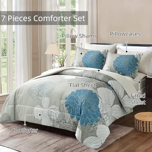 Yiran 7 Pieces Bed in a Bag Blue Floral Comforter Set Queen Size Flowers Comforter Set Soft Microfiber Bedding Set (1 Comforter 1 Flat Sheet 1 Fitted Sheet 2 Pillowshams 2 Pillowcases) - Image 3