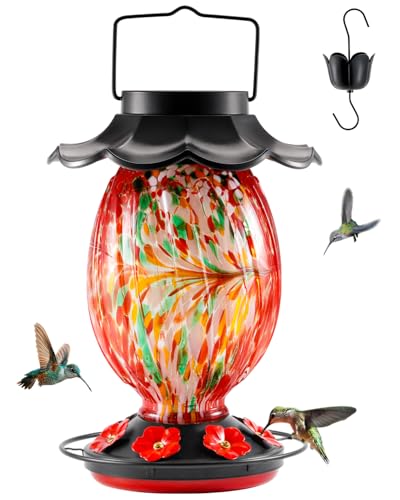 HouseSapp Solar Hummingbird Feeder - 49 fl.oz Hand Blown Glass Color Changing - 7 Feeding Ports with Perch - Never Leak - Perfect Hummingbird Feeder - Image 1