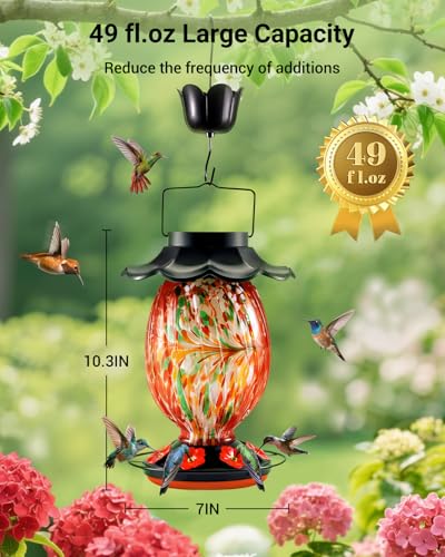 HouseSapp Solar Hummingbird Feeder - 49 fl.oz Hand Blown Glass Color Changing - 7 Feeding Ports with Perch - Never Leak - Perfect Hummingbird Feeder - Image 4