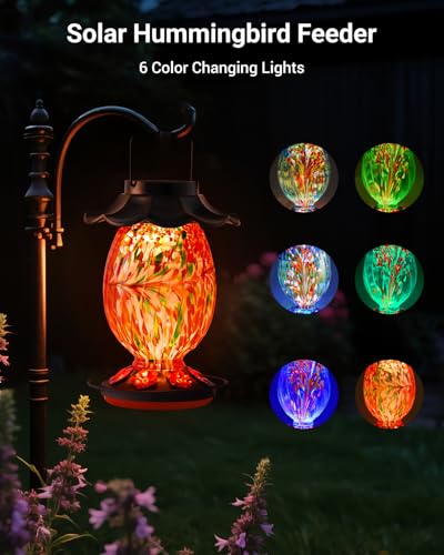 HouseSapp Solar Hummingbird Feeder - 49 fl.oz Hand Blown Glass Color Changing - 7 Feeding Ports with Perch - Never Leak - Perfect Hummingbird Feeder - Image 2