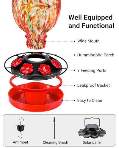 HouseSapp Solar Hummingbird Feeder - 49 fl.oz Hand Blown Glass Color Changing - 7 Feeding Ports with Perch - Never Leak - Perfect Hummingbird Feeder - Image 3
