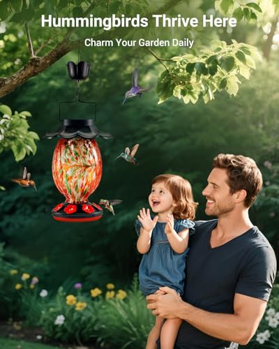 HouseSapp Solar Hummingbird Feeder - 49 fl.oz Hand Blown Glass Color Changing - 7 Feeding Ports with Perch - Never Leak - Perfect Hummingbird Feeder - Image 5