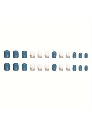 24 Pcs Short Press On Nails Dark Blue Oval Fake Nails Artificial For Women Girls Full Cover Glossy Gradient White False Nails Acrylic Golden Foil Nail Design - view 2