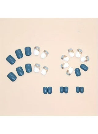24 Pcs Short Press On Nails Dark Blue Oval Fake Nails Artificial For Women Girls Full Cover Glossy Gradient White False Nails Acrylic Golden Foil Nail Design - view 3