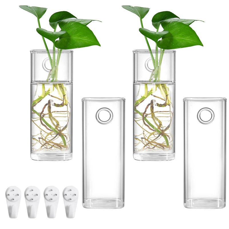 Fasmov 4 Pack Wall Hanging Glass Planters Plant Terrarium Plants Holders Air Plants Succulents Planters Flowers Glass Wall Vase Containers for Plant Decoration and Display Square Vase Clear