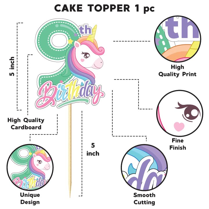 Festiko® Unicorn Theme Happy birthday Theme Party Decoration for 9th Birthday Cake Cutting,Unicorn Themes Party Favors for Kids Birthday Decoration,One Unicorn Theme Nineth Birthday Cake Topper 1pcs - Image 2