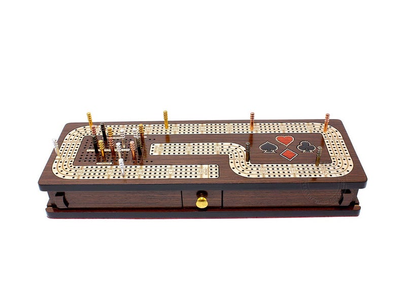 House of Cribbage - Continuous Cribbage Board/Box Inlaid in Wenge Wood/Maple : 4 Track - Cards & Pegs Storage Drawer with Score Marking Fields for Skunks, Corners and Won Games - Image 4
