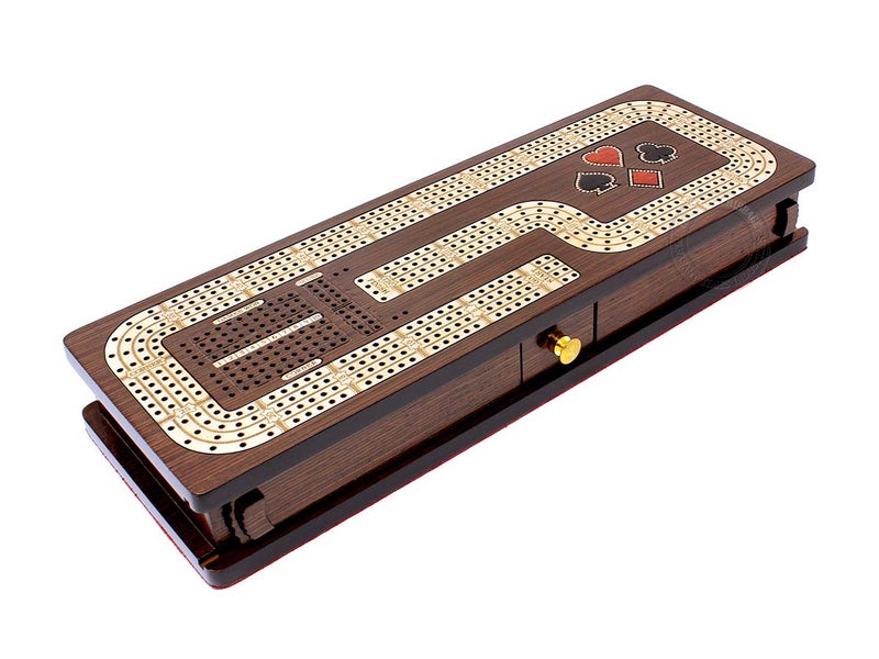 House of Cribbage - Continuous Cribbage Board/Box Inlaid in Wenge Wood/Maple : 4 Track - Cards & Pegs Storage Drawer with Score Marking Fields for Skunks, Corners and Won Games - Image 3