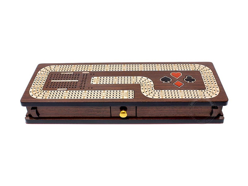 House of Cribbage - Continuous Cribbage Board/Box Inlaid in Wenge Wood/Maple : 4 Track - Cards & Pegs Storage Drawer with Score Marking Fields for Skunks, Corners and Won Games - Image 2