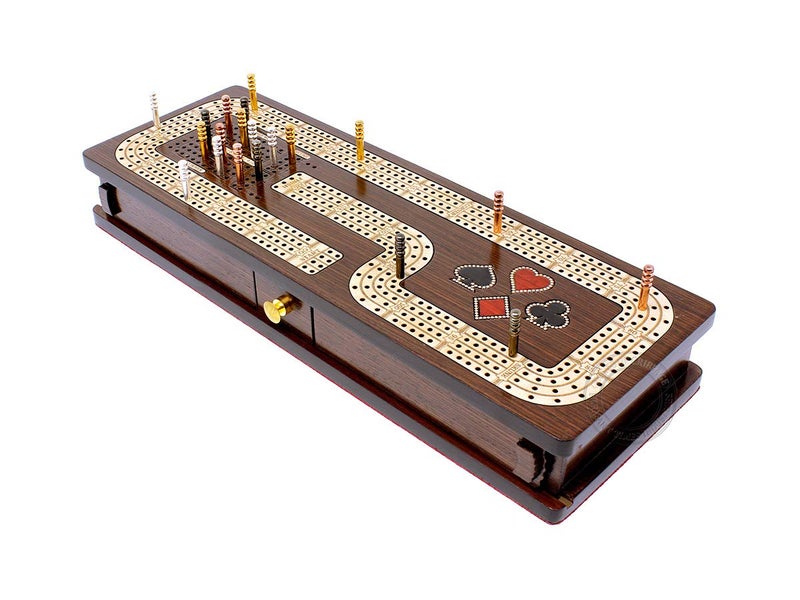 House of Cribbage - Continuous Cribbage Board/Box Inlaid in Wenge Wood/Maple : 4 Track - Cards & Pegs Storage Drawer with Score Marking Fields for Skunks, Corners and Won Games - Image 5