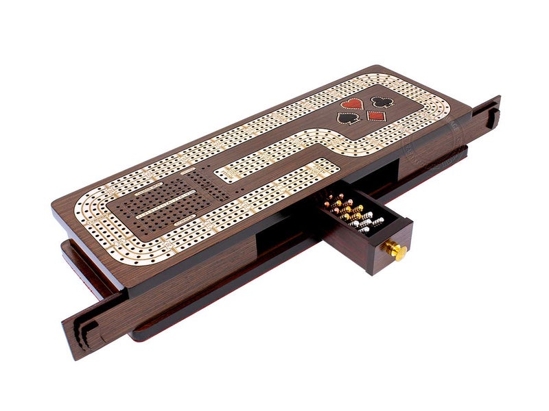 House of Cribbage - Continuous Cribbage Board/Box Inlaid in Wenge Wood/Maple : 4 Track - Cards & Pegs Storage Drawer with Score Marking Fields for Skunks, Corners and Won Games - Image 1