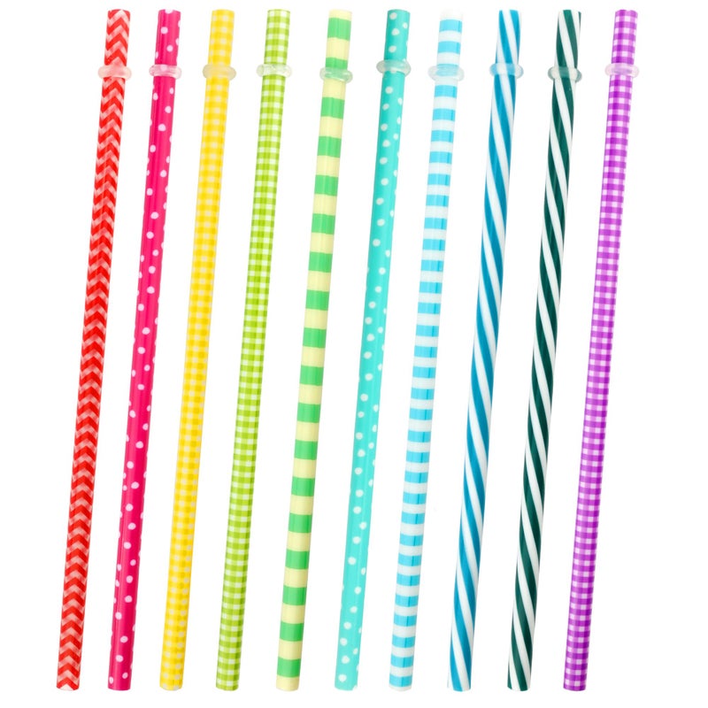 JANYUN JANYUN 30 Pieces Reusable Plastic Straws BPA-Free 9"" Colorful Printing Hard Platic Stripe Drinking Straw for Mason Jar Tumbler Family or Party Use Cleaning Brush Included(Random Pattern) (Straight) - Image 5