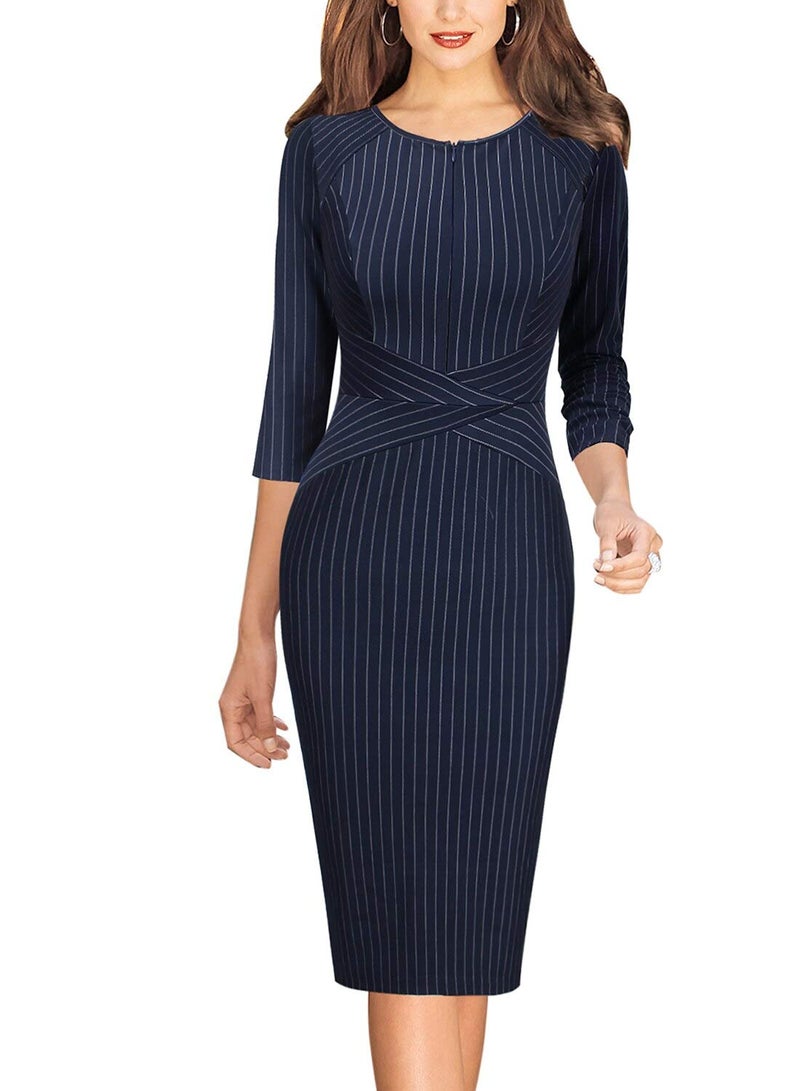 VFSHOW Womens Navy Blue and White Striped Spring Fall Slim Zipper Up Work Business Office Party Bodycon Pencil Sheath Dress 7121 BLU M - Image 2