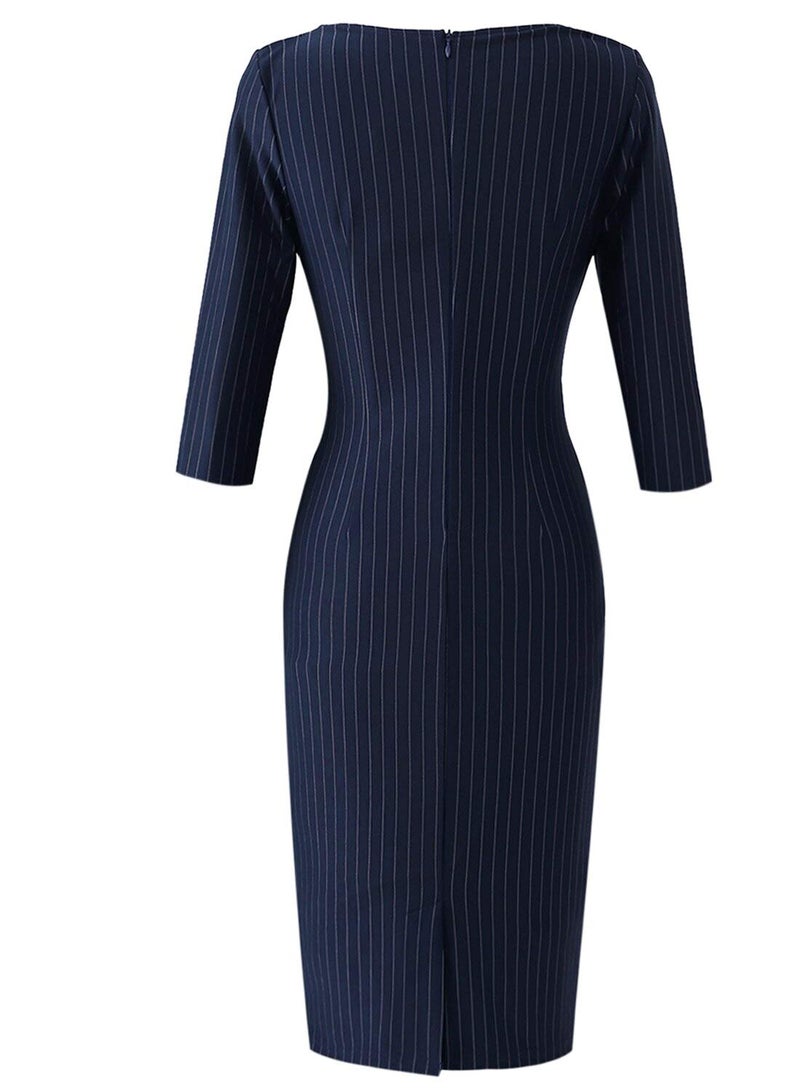 VFSHOW Womens Navy Blue and White Striped Spring Fall Slim Zipper Up Work Business Office Party Bodycon Pencil Sheath Dress 7121 BLU M - Image 4