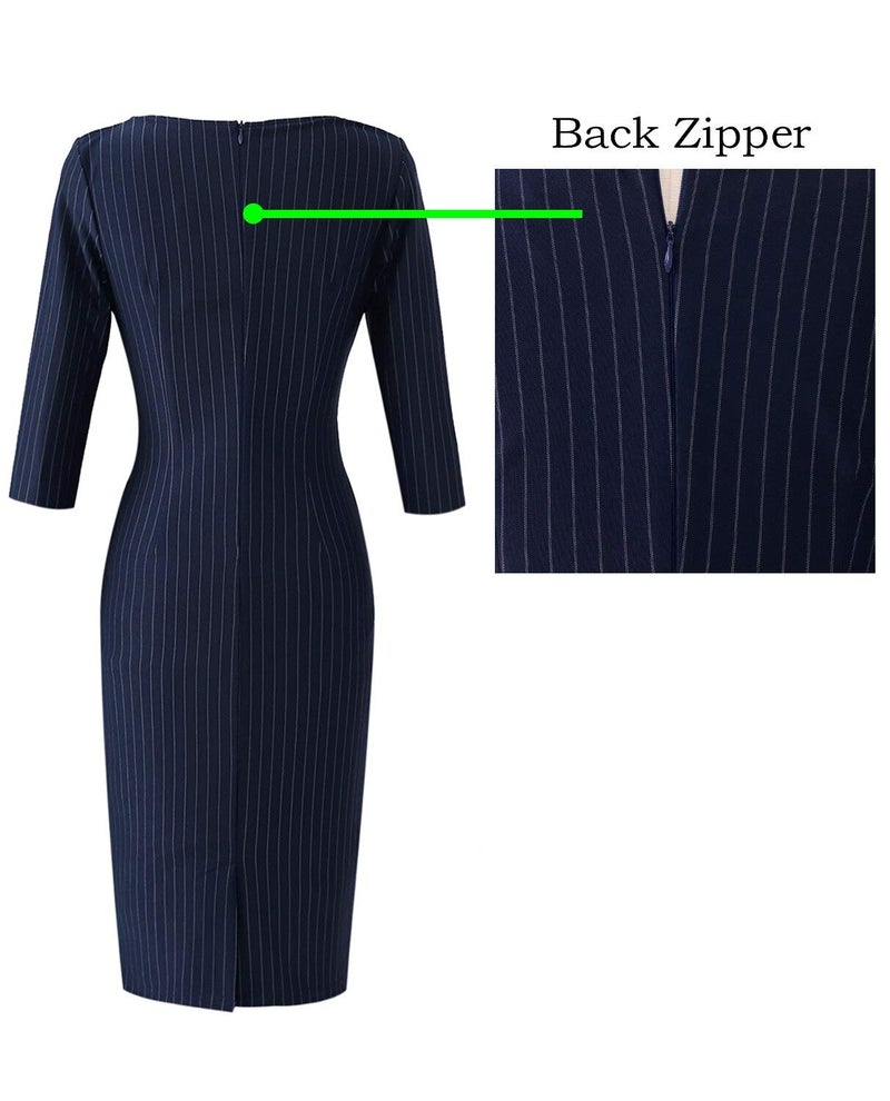 VFSHOW Womens Navy Blue and White Striped Spring Fall Slim Zipper Up Work Business Office Party Bodycon Pencil Sheath Dress 7121 BLU M - Image 5