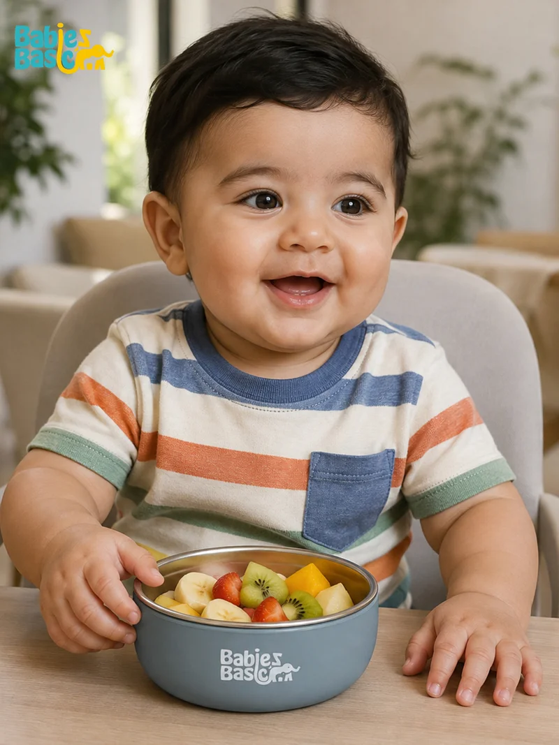 بابيز_بيسك Babies Basic Stainless Steel Bowl with Silicone Sleeve for Kids, Indigo