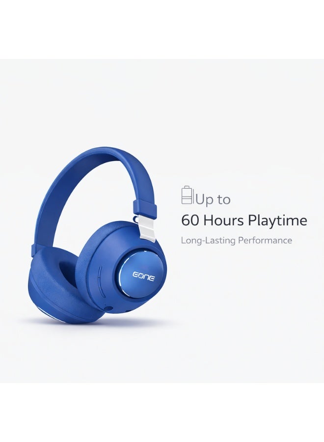 إيون سماعات رأس لاسلكية EONE NeoWav بتقنية بلوتوث 5.3، تشغيل حتى 60 ساعة، صوت ستيريو بيس عميق، وضع الألعاب، ميكروفون مدمج، دعم AUX، مقاومة للعرق، تصميم فوق الأذن – أزرق - Image 2