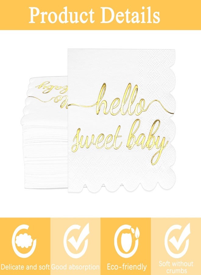 WNINK 100 Pcs Hello Sweet Baby Scalloped Baby Shower Napkins Decorations Paper White and Gold Foil Napkins Disposable Luncheon Cocktail Napkins Folded for Girls Boys Baby Shower Party Decor - Image 3