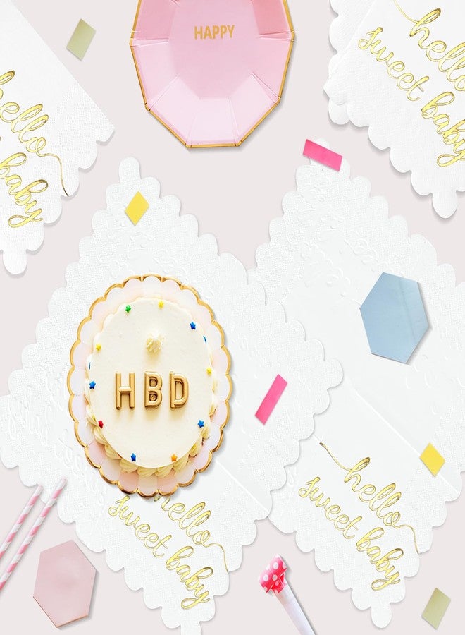 WNINK 100 Pcs Hello Sweet Baby Scalloped Baby Shower Napkins Decorations Paper White and Gold Foil Napkins Disposable Luncheon Cocktail Napkins Folded for Girls Boys Baby Shower Party Decor - Image 4
