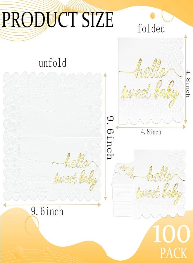 WNINK 100 Pcs Hello Sweet Baby Scalloped Baby Shower Napkins Decorations Paper White and Gold Foil Napkins Disposable Luncheon Cocktail Napkins Folded for Girls Boys Baby Shower Party Decor - Image 2