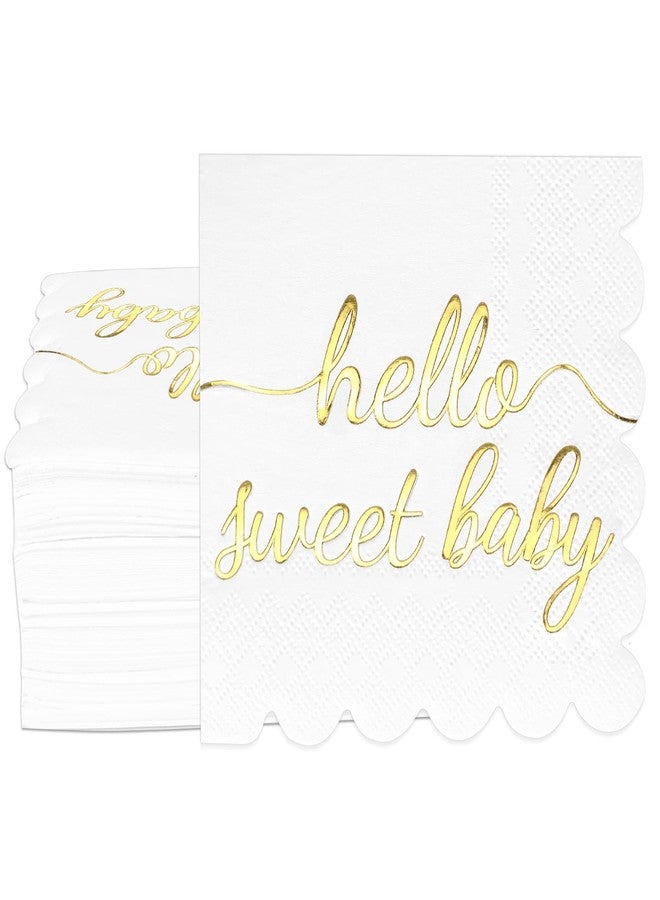 WNINK 100 Pcs Hello Sweet Baby Scalloped Baby Shower Napkins Decorations Paper White and Gold Foil Napkins Disposable Luncheon Cocktail Napkins Folded for Girls Boys Baby Shower Party Decor - Image 1