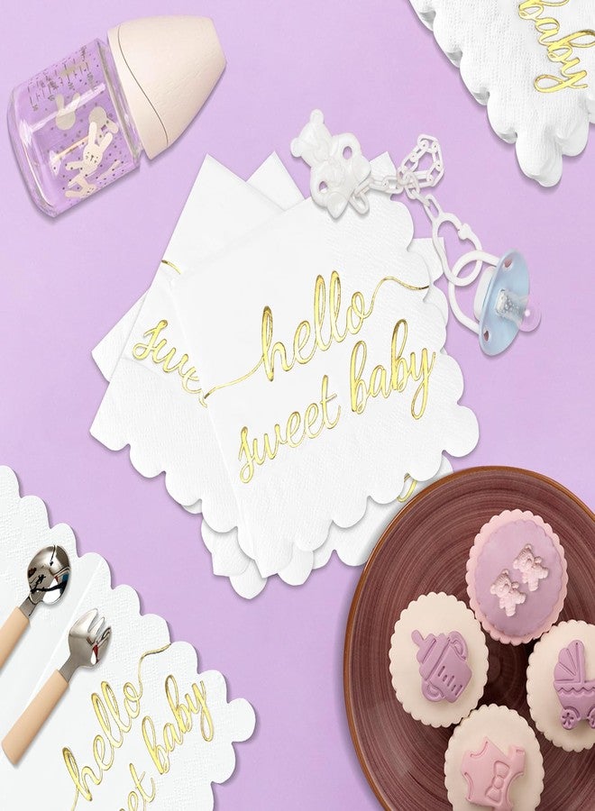 WNINK 100 Pcs Hello Sweet Baby Scalloped Baby Shower Napkins Decorations Paper White and Gold Foil Napkins Disposable Luncheon Cocktail Napkins Folded for Girls Boys Baby Shower Party Decor - Image 5