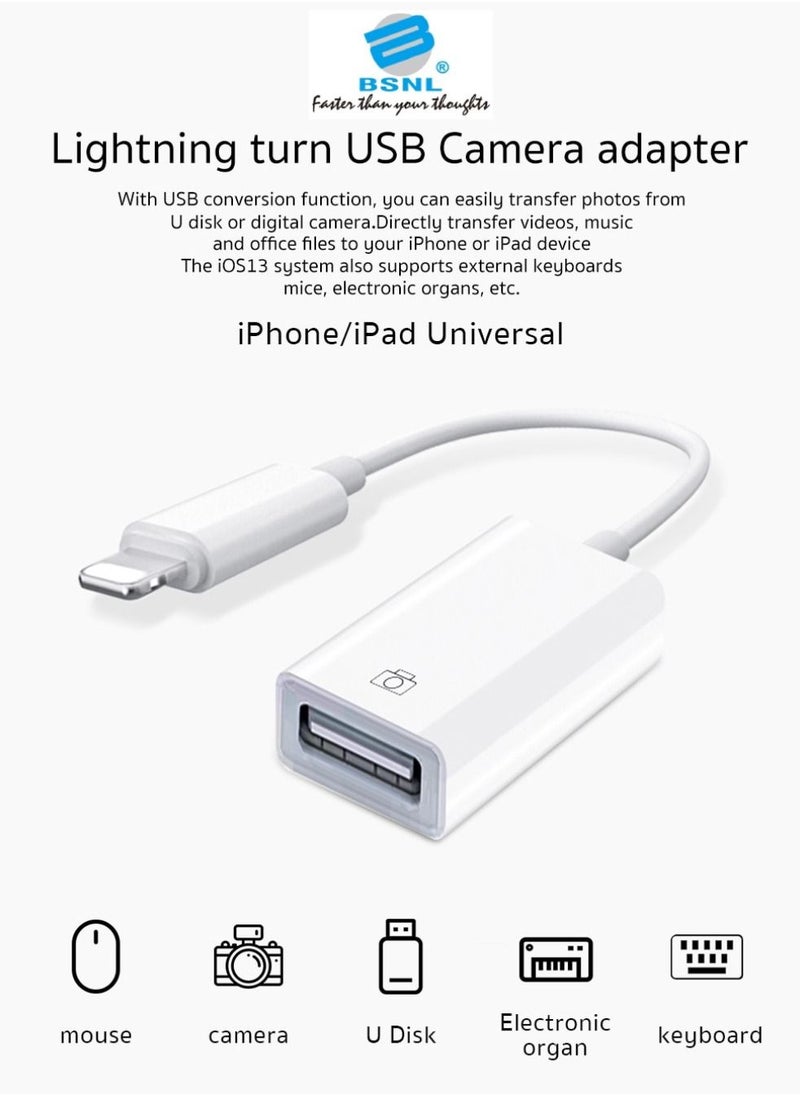 BSNL - Plug & Play Lightning to USB 3.0 Camera Adapter OTG Connector Compatible with iPhone/iPad Supports Connecting Card Reader/Keyboard/Mouse/USB Flash Drive - Image 1