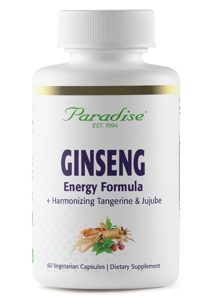 Paradise Herbs Ginseng Energy Formula with Harmonizing Tangerine & Jujube - 60 Vegetarian Capsules - Image 1