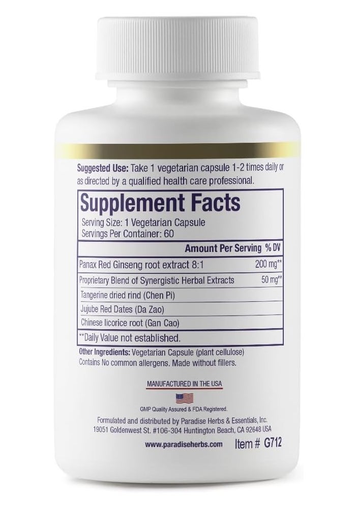 Paradise Herbs Ginseng Energy Formula with Harmonizing Tangerine & Jujube - 60 Vegetarian Capsules - Image 2