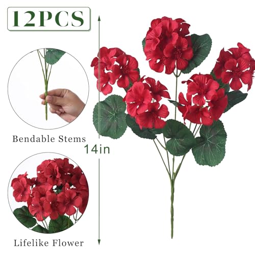 GLIDLION 12 Bundles Artificial Geranium Flowers for Spring Summer Decor, UV-Resistant Fake Plants Realistic Faux Silk Bouquets for Front Door Farmhouse Garden Porch Home Outdoor Decor (Red) - Image 5