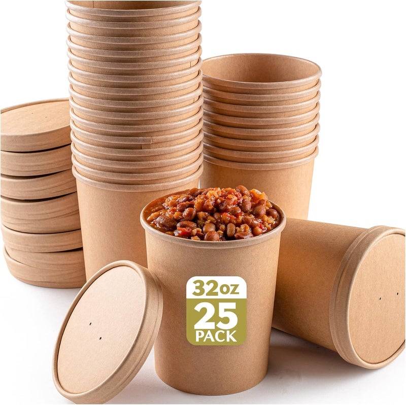 brheez حاويات حساء برهيز مع أغطية سعة 32 أونصة - للفريزر والميكروويف والتنقل - أغطية مهواة للاستخدام مرة واحدة للآيس كريم - PLA صديق للبيئة - 25 وعاء - Image 1