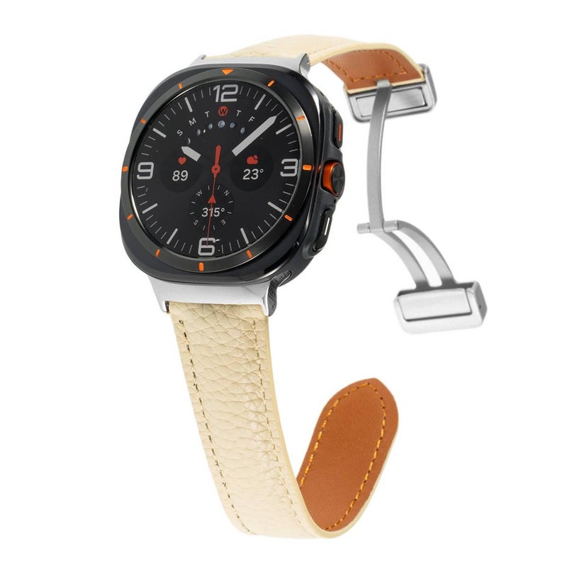 AD سوار ساعة ذكية سوار جلدي كلاسيكي متوافق مع Samsung Galaxy Watch Ultra بملاءمة قابلة للتعديل وحزام بديل للاستخدام اليومي باللون أبيض قابل للتعديل باللون الأبيض - Image 1