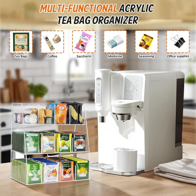 Krbnk Acrylic Tea Bag Organizer - 3 Tier Clear Tea Bag Holder & Storage Rack, Modern Tea Organizer for Countertop, Cabinet, No Assembly Required Tea Bar Accessories (Holds 200+ Tea Packets) - Image 5