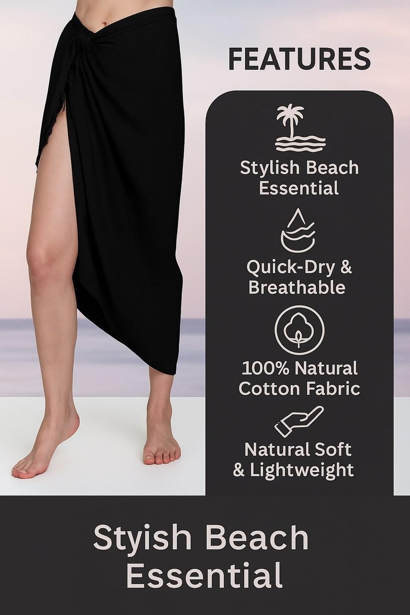 Kipzy Beach Sarong Pareo, Women's Semi-Sheer Swimwear Cover Up (Black) - Image 2