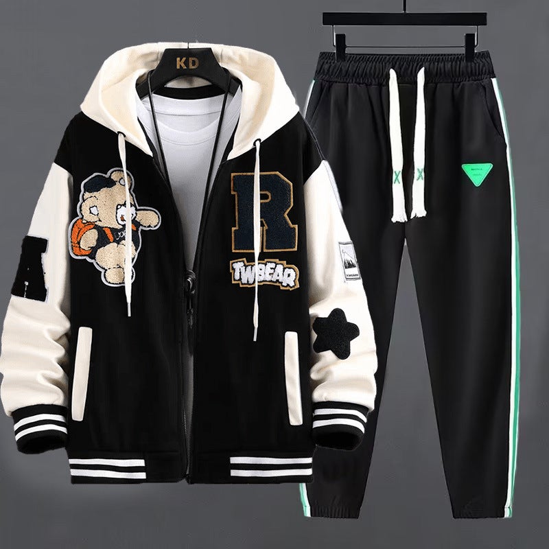 Thin Sweatshirt suit Boys Students Spring and Autumn Hooded Coat Pants with a Large Childrens Wear Two-Piece Loose W28 sweatshirt black + k4 pants (two-piece set)